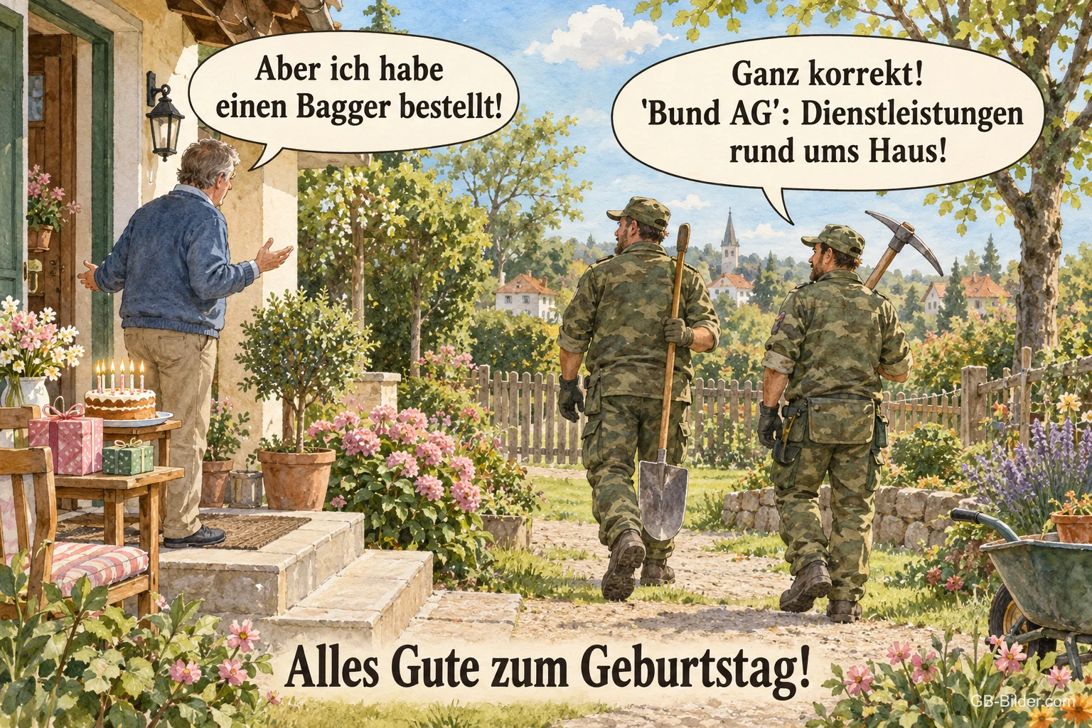 Mann und zwei Soldaten mit Werkzeug im Garten, lustiger Geburtstagsgruß