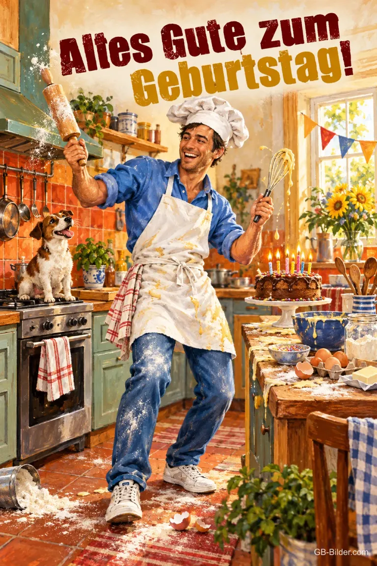 Fröhlicher Mann mit Kochmütze wirbelt in einer Küche voller Mehl, Hund und Torte, Text: Alles Gute zum Geburtstag!