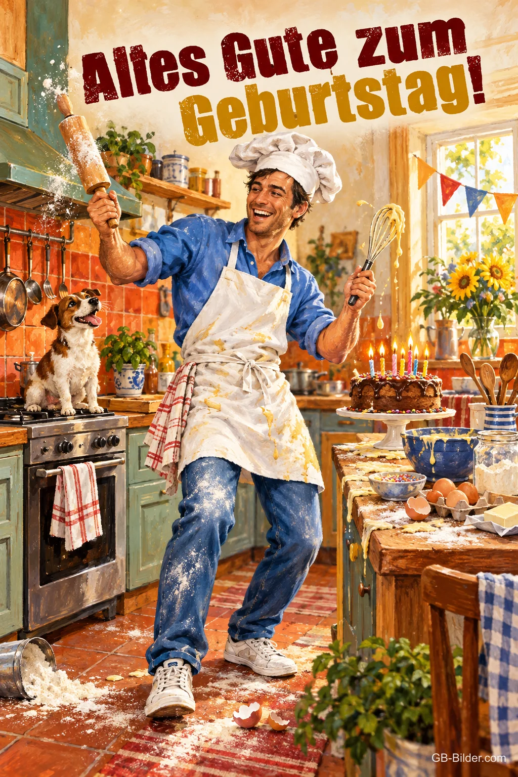 Fröhlicher Mann mit Kochmütze wirbelt in einer Küche voller Mehl, Hund und Torte, Text: Alles Gute zum Geburtstag!