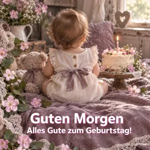 Kleinkind sitzt mit Teddybär vor einer Geburtstagstorte, Text: Guten Morgen – Alles Gute zum Geburtstag!
