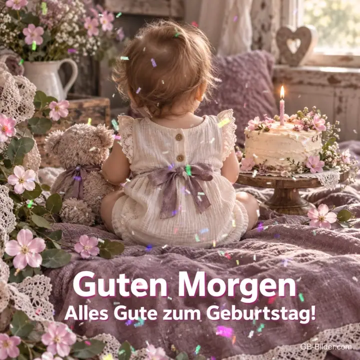 Kleinkind sitzt mit Teddybär vor einer Geburtstagstorte, Text: Guten Morgen – Alles Gute zum Geburtstag!