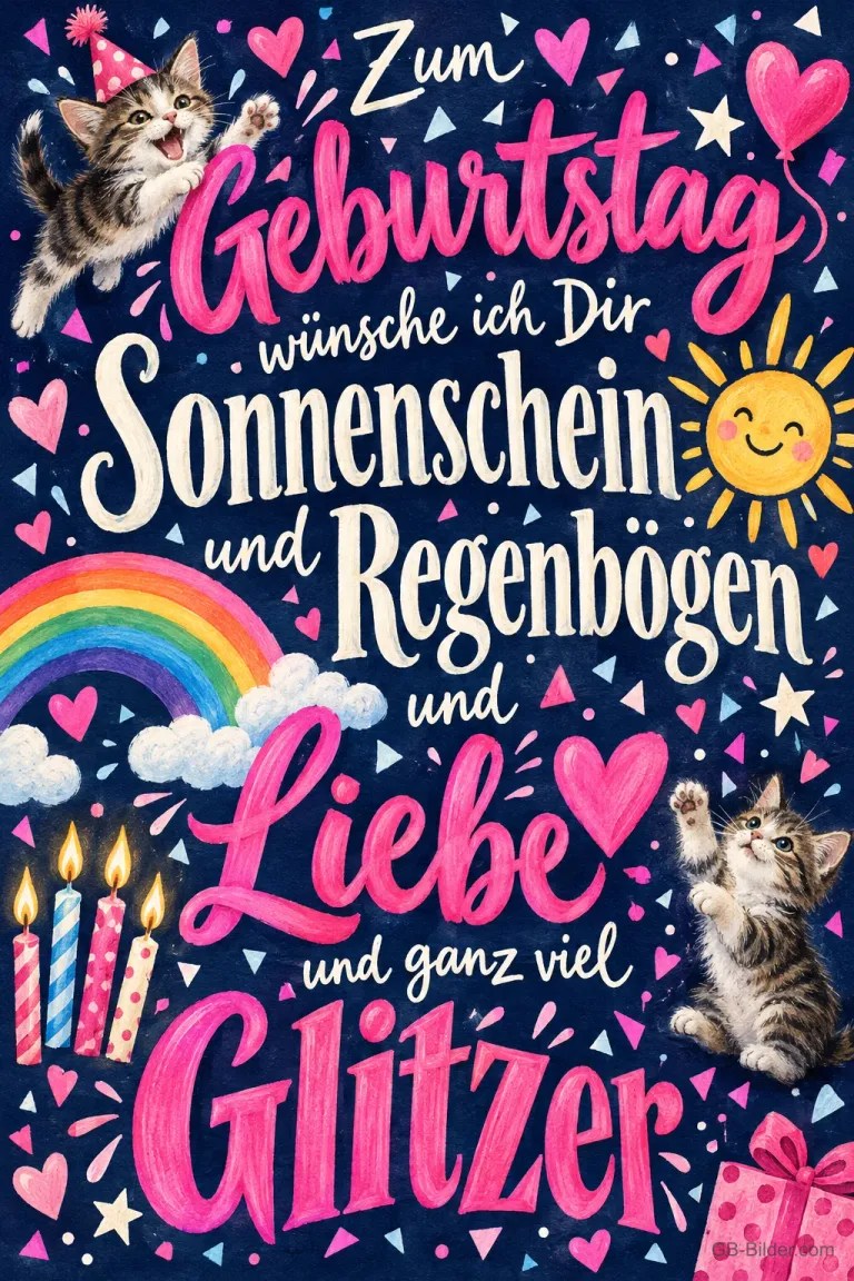 Bunte Schrift mit Regenbogen, Sonne, Herzen und spielenden Kätzchen, Text: Zum Geburtstag wünsche ich Dir Sonnenschein und Regenbögen und Liebe und ganz viel Glitzer