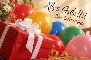 Rotes Geschenk mit weißer Schleife vor bunten Luftballons, Text: Alles Gute!!!! Zum Geburtstag!