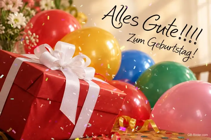 Rotes Geschenk mit weißer Schleife vor bunten Luftballons, Text: Alles Gute!!!! Zum Geburtstag!