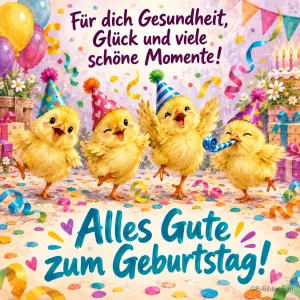 Vier tanzende Küken mit Partyhüten zwischen Konfetti und Luftballons, Text: Für dich Gesundheit, Glück und viele schöne Momente! Alles Gute zum Geburtstag!