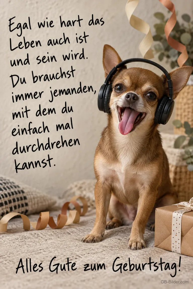 Chihuahua mit Kopfhörern, Spruch: Du brauchst immer jemanden, mit dem du durchdrehen kannst
