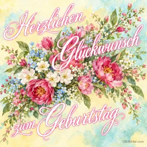 Bunter Blumenstrauß mit Pfingstrosen und Vergissmeinnicht, Text: Herzlichen Glückwunsch zum Geburtstag