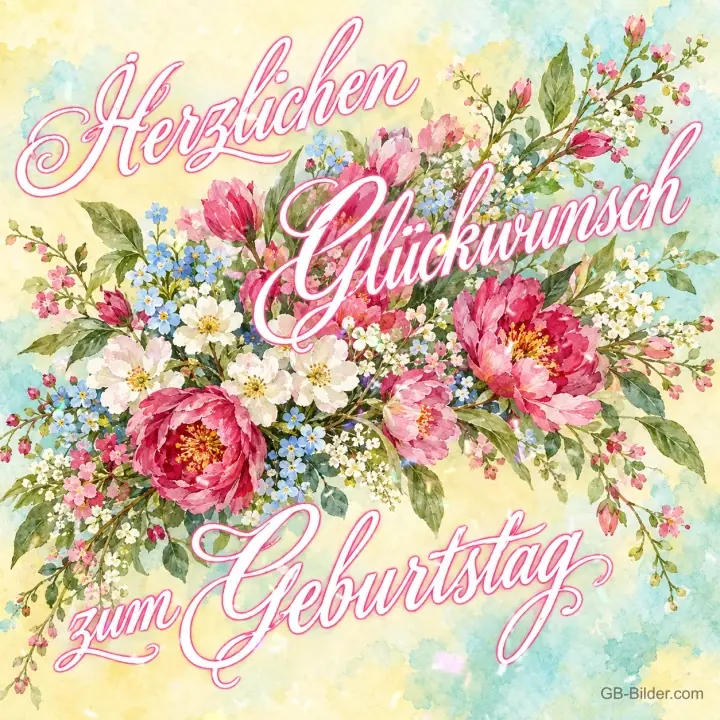 Bunter Blumenstrauß mit Pfingstrosen und Vergissmeinnicht, Text: Herzlichen Glückwunsch zum Geburtstag