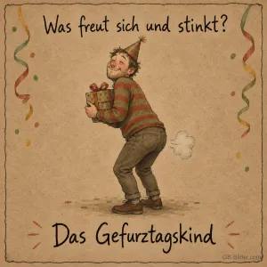 Mann mit Partyhut, lustiger Geburtstagswitz, Text: Was freut sich und stinkt? Das Gefurztagskind