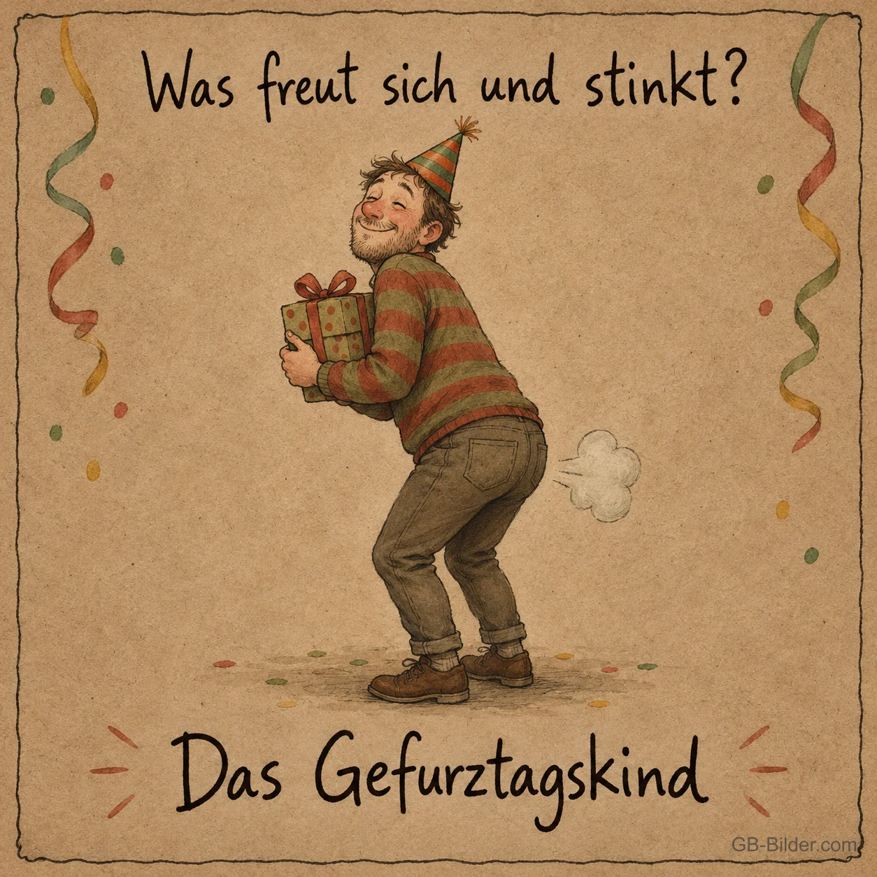 Mann mit Partyhut, lustiger Geburtstagswitz, Text: Was freut sich und stinkt? Das Gefurztagskind
