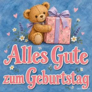 Teddybär hält ein rosa Geschenk mit Schleife, Text: Alles Gute zum Geburtstag