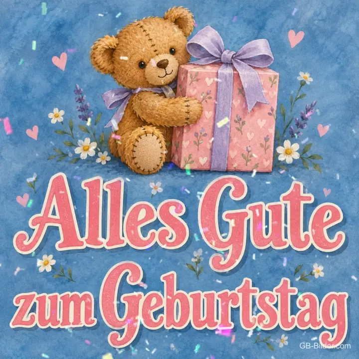 Teddybär hält ein rosa Geschenk mit Schleife, Text: Alles Gute zum Geburtstag