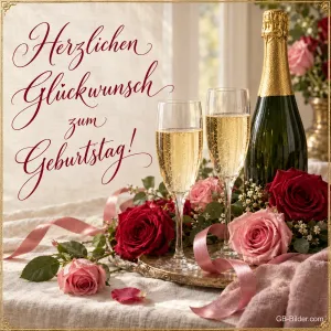 Sekt mit Rosen, Text: Herzlichen Glückwunsch zum Geburtstag