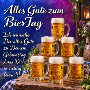 Gestapelte Bierkrüge, Text: Alles Gute zum BierTag