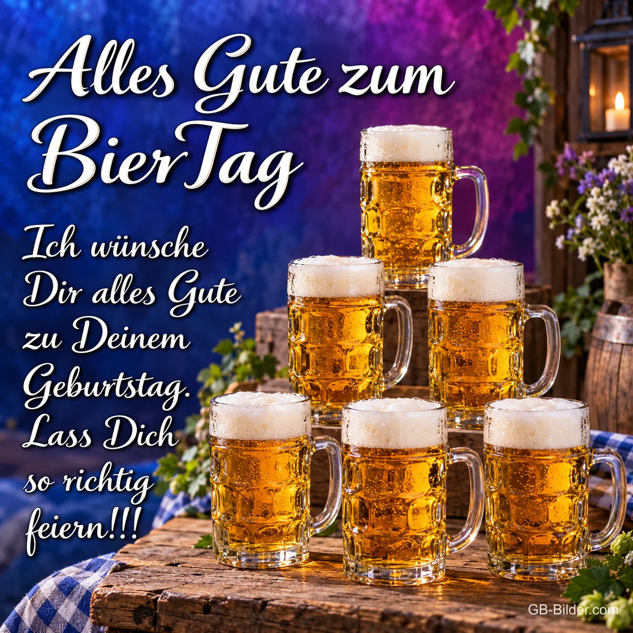 Gestapelte Bierkrüge, Text: Alles Gute zum BierTag