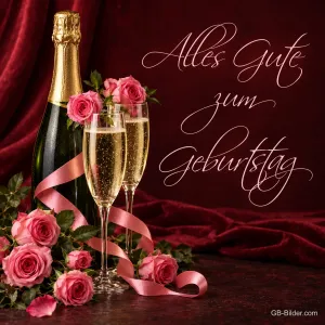 Sektflasche mit Gläsern und rosa Rosen, Text: Alles Gute zum Geburtstag