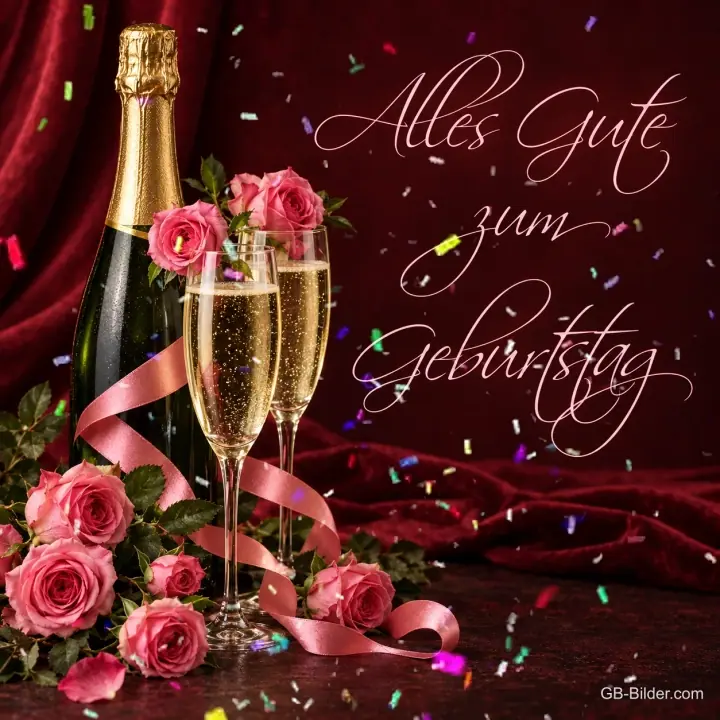 Sektflasche mit Gläsern und rosa Rosen, Text: Alles Gute zum Geburtstag