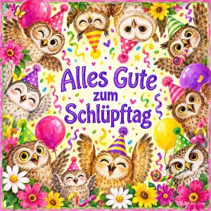 Viele lachende Eulen mit Partyhüten um den Glückwunsch, Text: Alles Gute zum Schlüpftag