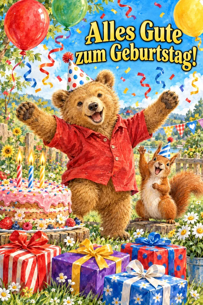 Bär mit Partyhut jubelt zwischen Geschenken, Torte und Luftballons, daneben ein Eichhörnchen, Text: Alles Gute zum Geburtstag!