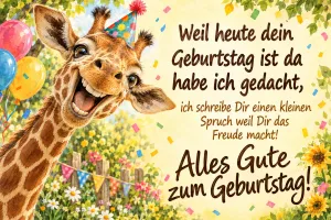 Giraffe mit Partyhut lacht zwischen Luftballons und Konfetti, Text: Weil heute dein Geburtstag ist da habe ich gedacht, ich schreibe Dir einen kleinen Spruch weil Dir das Freude macht! Alles Gute zum Geburtstag!