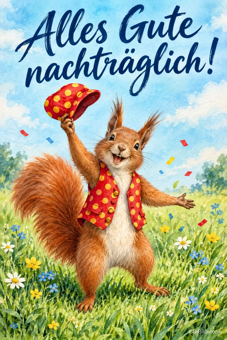 Eichhörnchen in gepunkteter Weste wirft fröhlich seine Mütze in die Luft, Text: Alles Gute nachträglich!