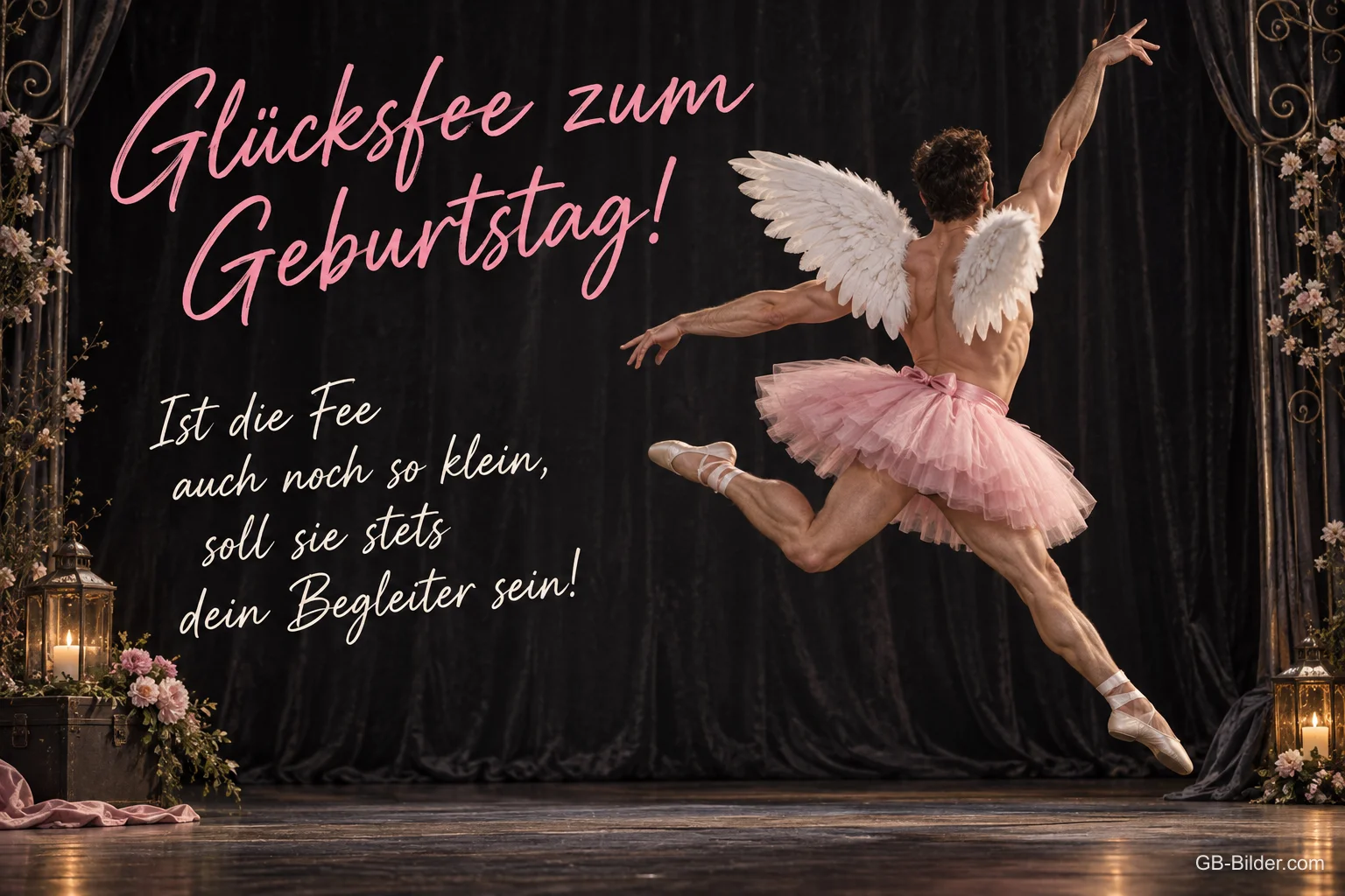 Tänzer mit Flügeln und Tutu, lustiger Geburtstagsgruß, Text: Glücksfee zum Geburtstag