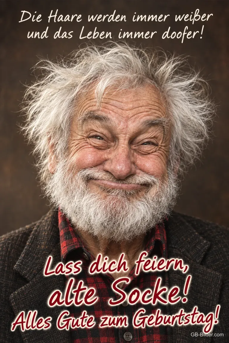 Älterer Mann mit wilden weißen Haaren grinst verschmitzt, Text: Die Haare werden immer weißer und das Leben immer doofer! Lass dich feiern, alte Socke! Alles Gute zum Geburtstag!