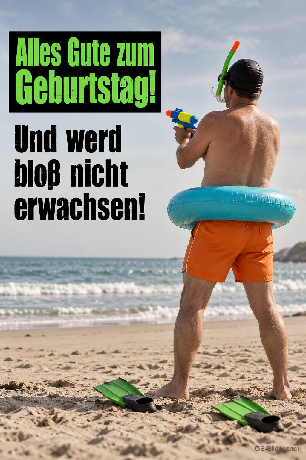 Mann mit Schwimmring am Strand, lustiger Text, Text: Alles Gute zum Geburtstag