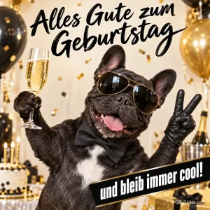 Französische Bulldogge mit Sonnenbrille hält ein Sektglas und zeigt das Victory-Zeichen, Text: Alles Gute zum Geburtstag und bleib immer cool!
