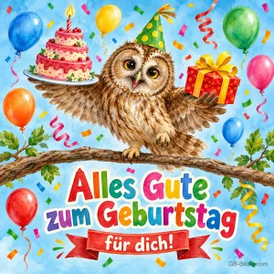 Eule mit Partyhut trägt Torte und Geschenk zwischen bunten Luftballons, Text: Alles Gute zum Geburtstag für dich!
