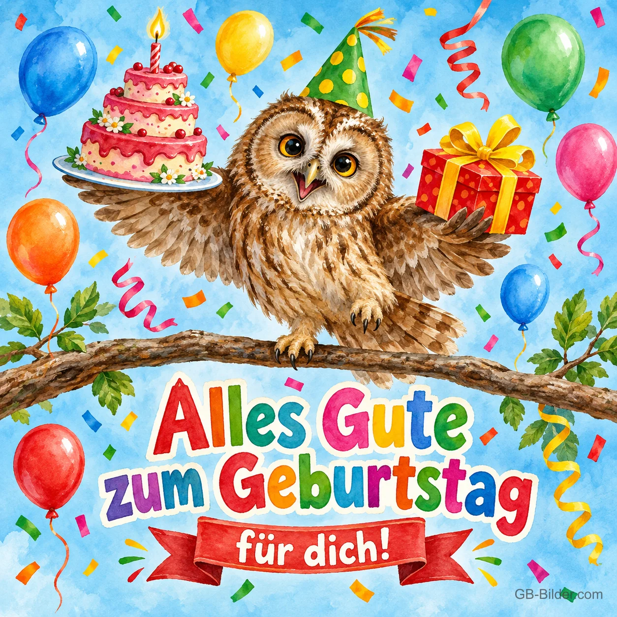 Eule mit Partyhut trägt Torte und Geschenk zwischen bunten Luftballons, Text: Alles Gute zum Geburtstag für dich!