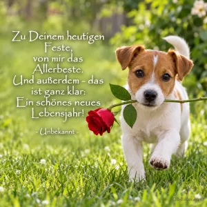 Hund mit roter Rose, Geburtstagsgedicht, Text: Zu Deinem heutigen Feste, von mir das Allerbeste