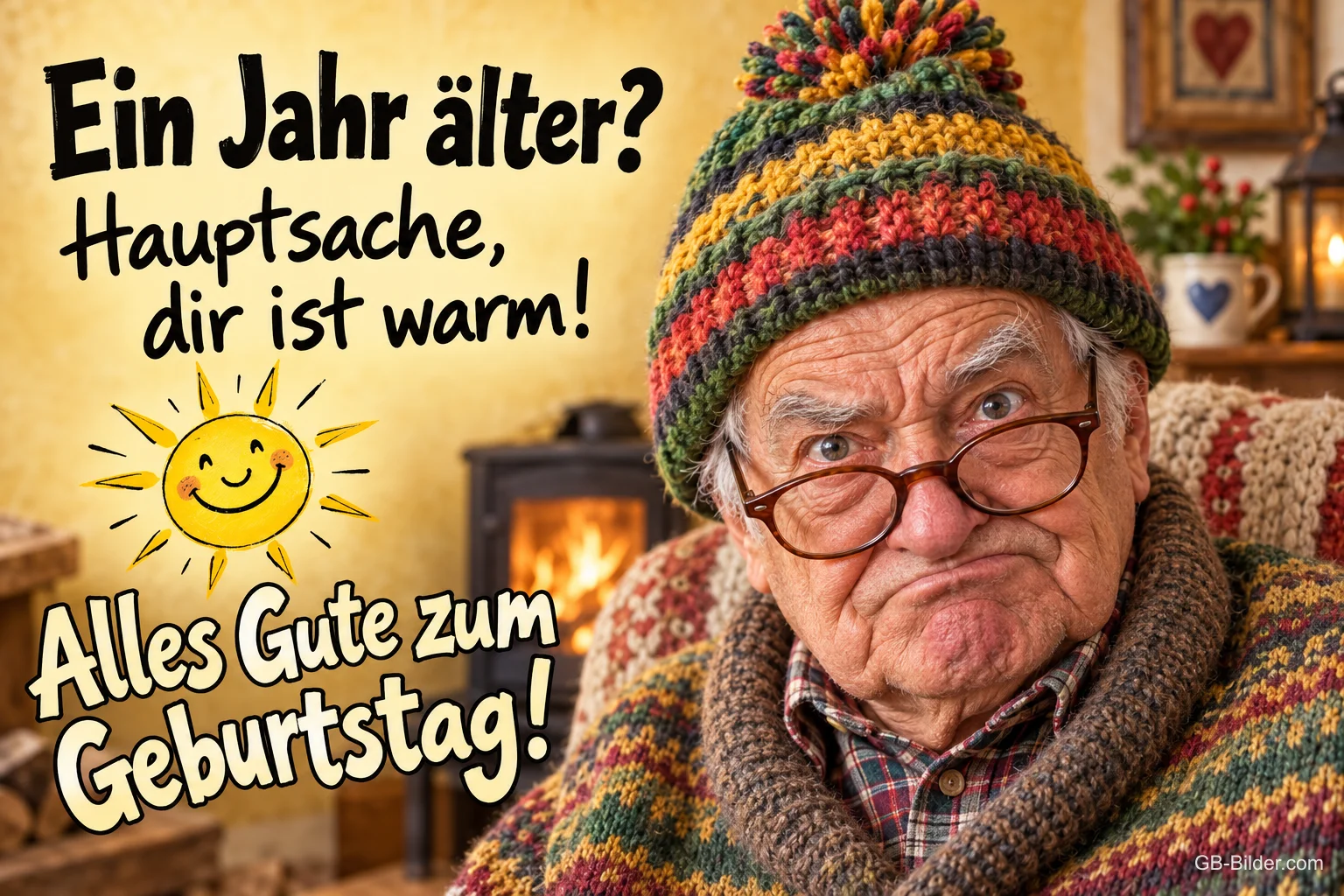 Grimmiger älterer Mann mit Pudelmütze und Brille vor einem Kaminofen, Text: Alles Gute zum Geburtstag! Ein Jahr älter? Hauptsache, dir ist warm!