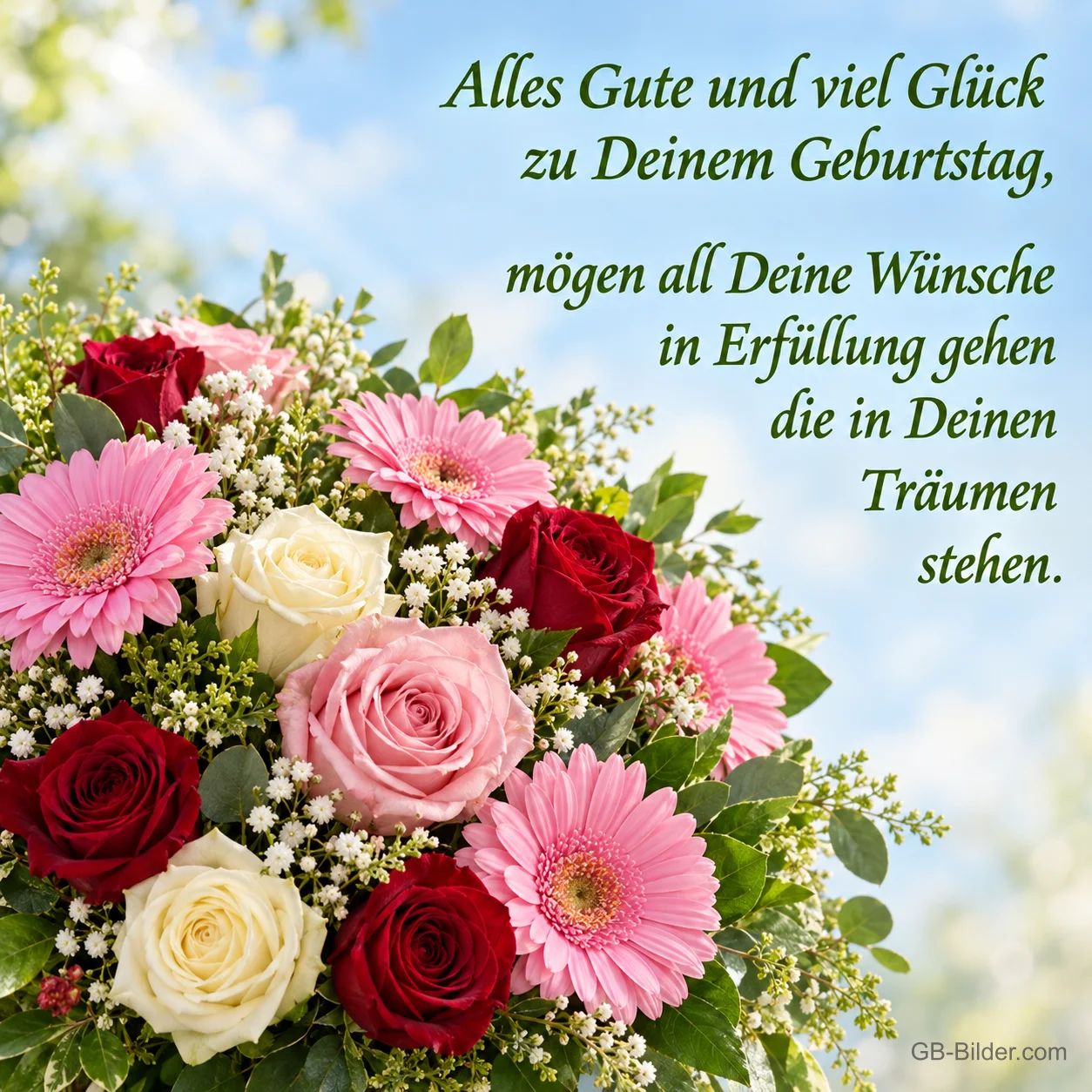 Rosen und Gerbera, Geburtstagswunsch, Text: Alles Gute und viel Glück zu Deinem Geburtstag, mögen all Deine Wünsch