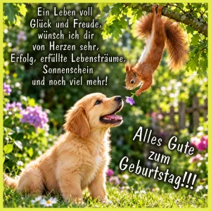 Eichhörnchen hängt vom Baum und reicht einem Welpen eine Blume, Text: Ein Leben voll Glück und Freude, wünsch ich dir von Herzen sehr, Erfolg, erfüllte Lebensträume, Sonnenschein und noch viel mehr! Alles Gute zum Geburtstag!!!