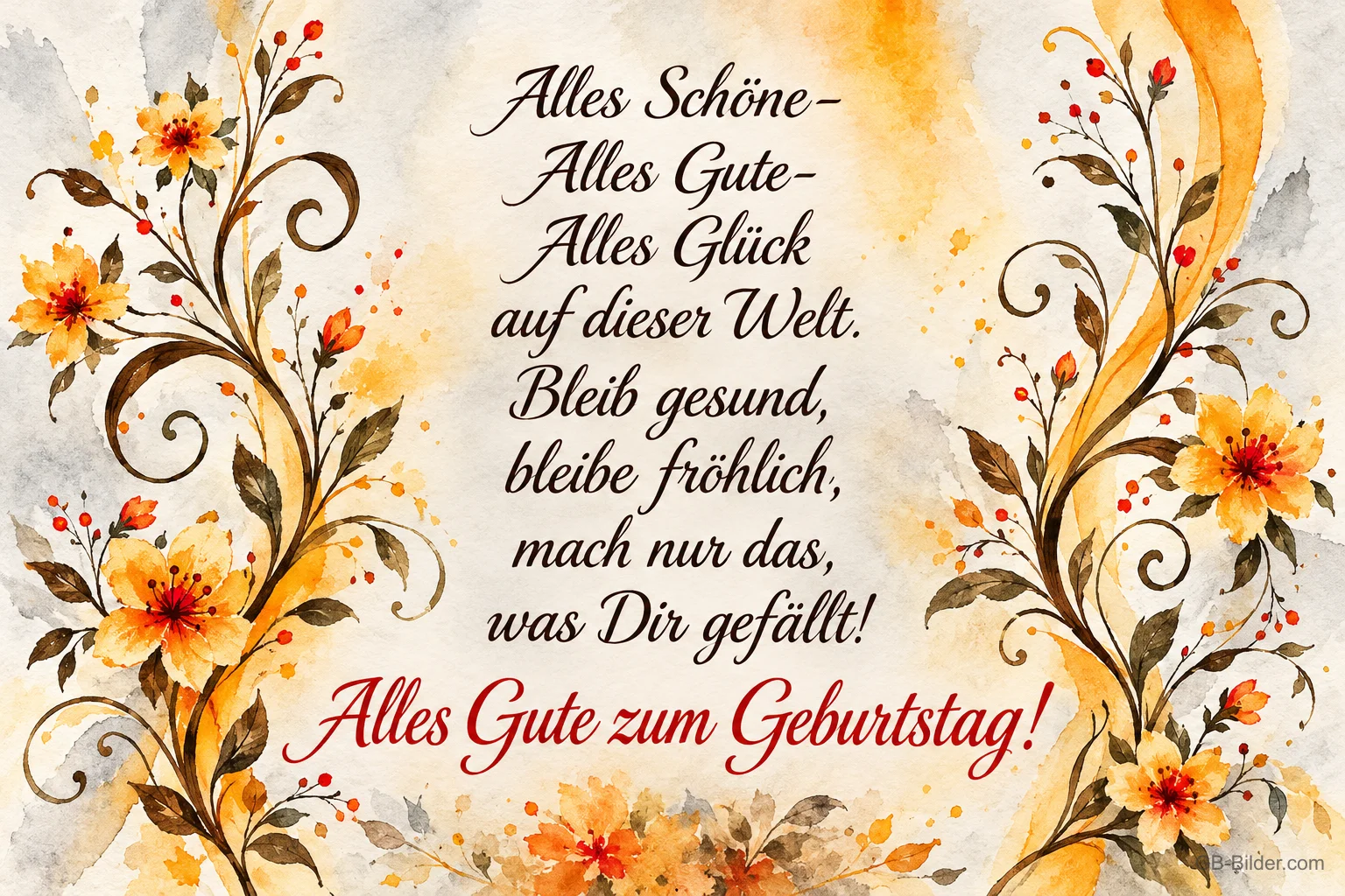 Blütenranken in Aquarell, Geburtstagsgedicht, Text: Alles Schöne