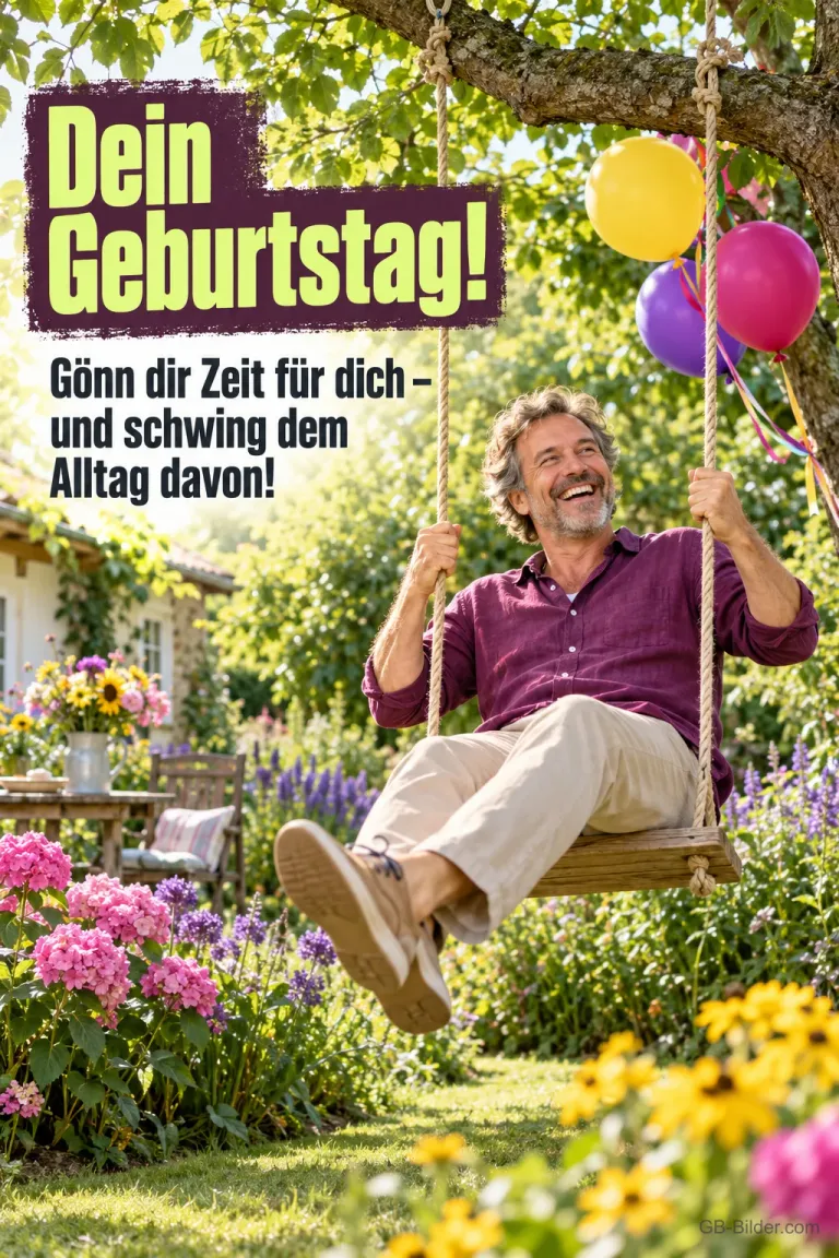 Lachender Mann schaukelt in einem Blumengarten mit Luftballons, Text: Dein Geburtstag! – Gönn dir Zeit für dich – und schwing dem Alltag davon!