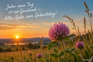 Kleeblüte im Sonnenuntergang, Text: Jeder neue Tag ist ein Geschenk