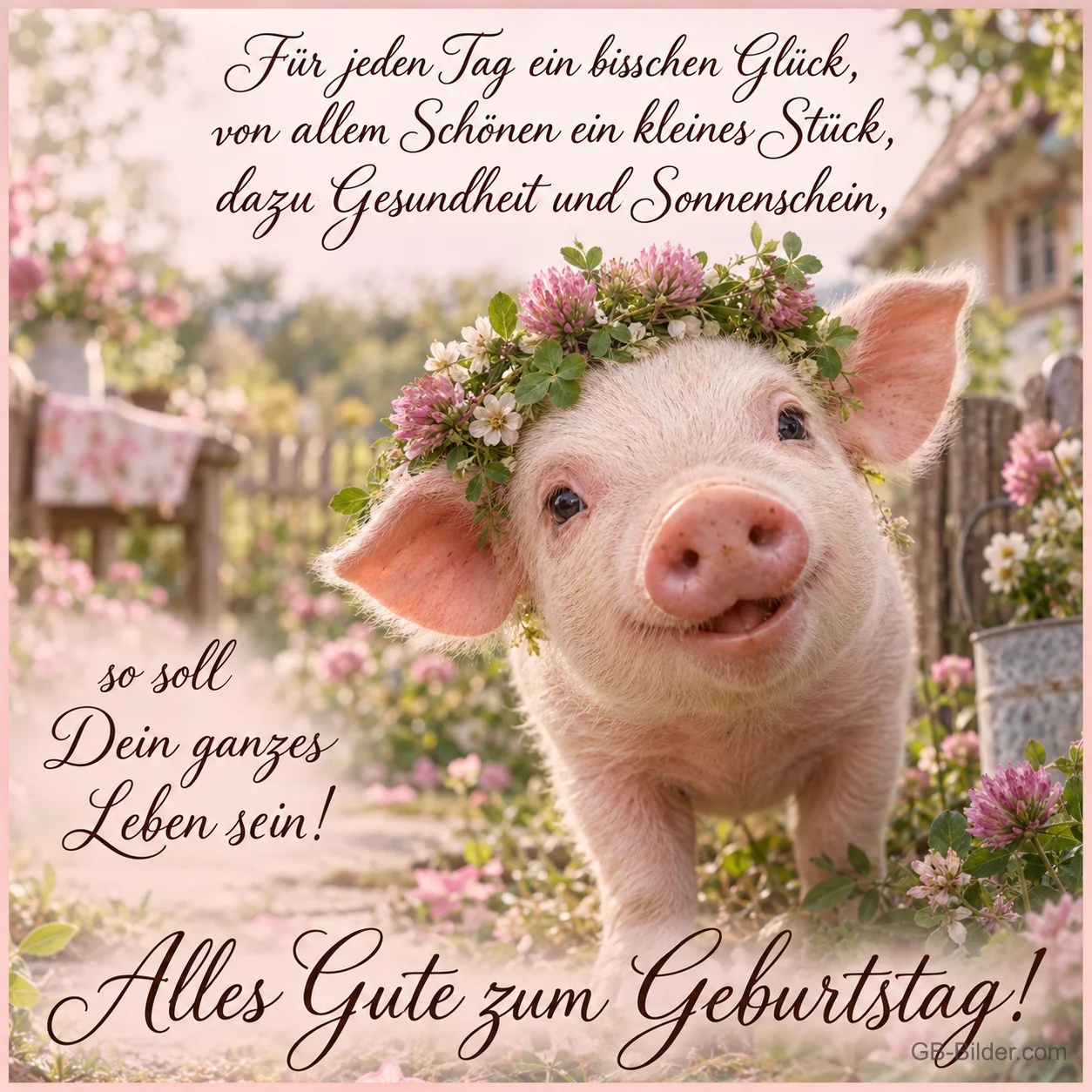 Ferkel mit Blumenkranz, Geburtstagsgedicht, Text: Für jeden Tag ein bisschen Glück, von allem Schönen ein kleines Stück,