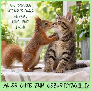 Eichhörnchen küsst Kätzchen, Text: Ein dickes Geburtstags-Bussal nur für dich