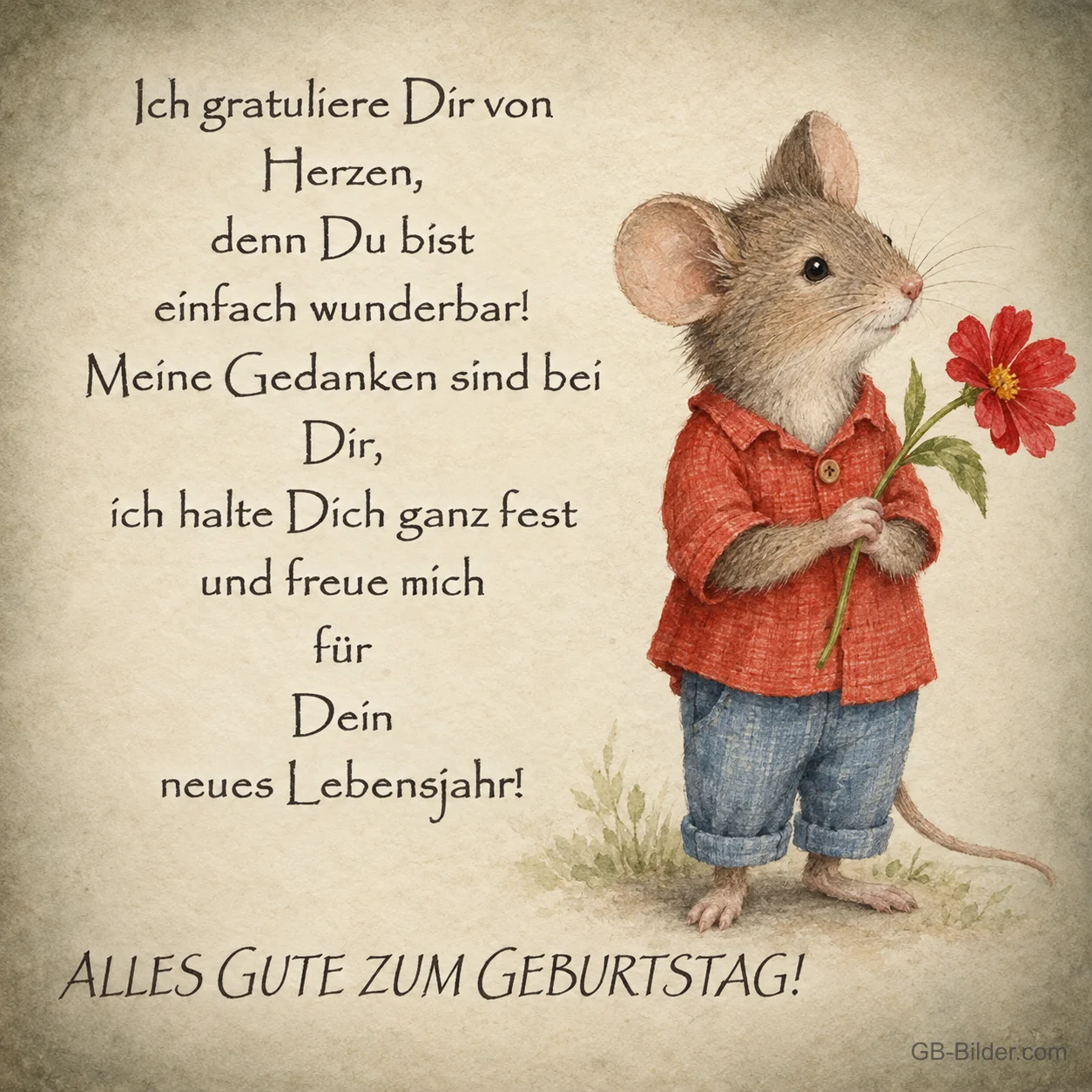 Maus mit Blume, Geburtstagsgedicht, Text: Ich gratuliere Dir von Herzen, denn Du bist einfach wunderbar