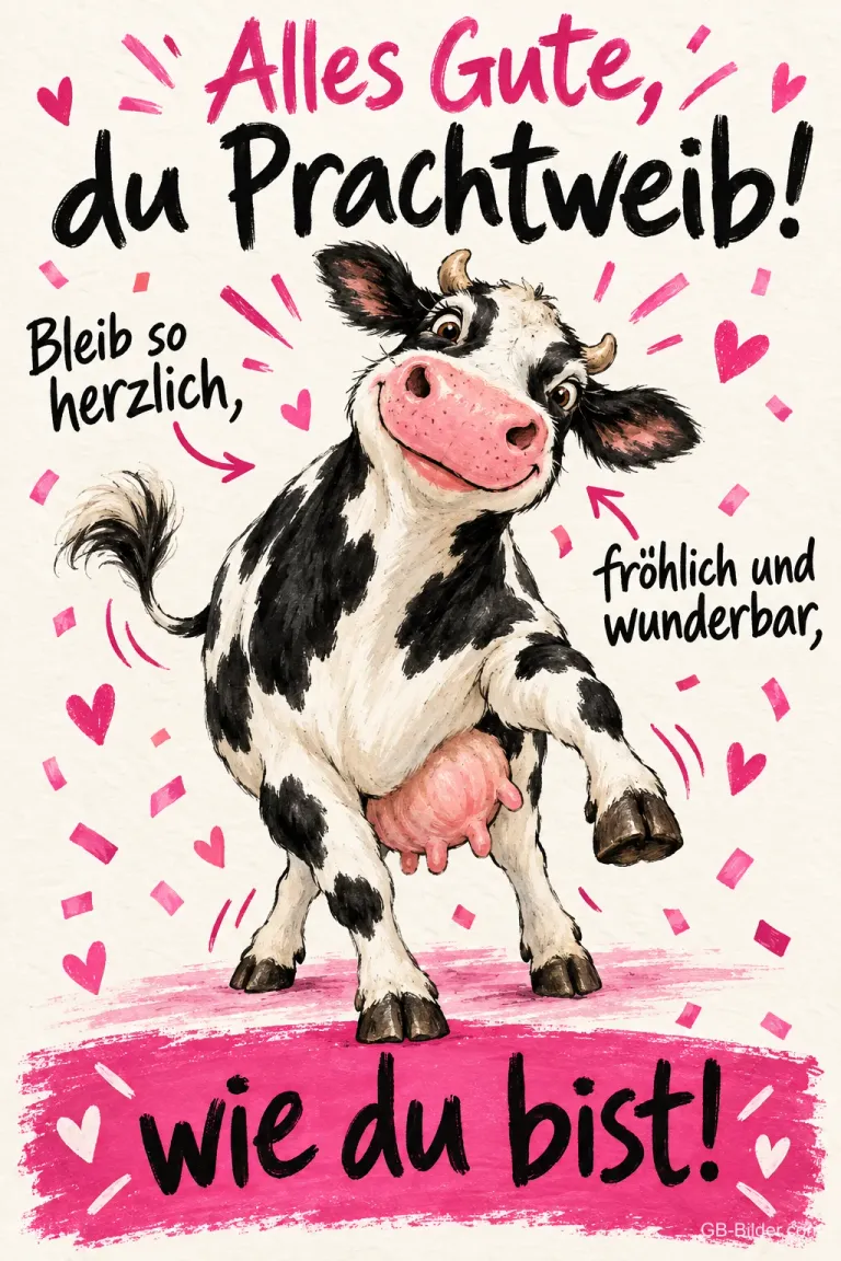 Gefleckte Kuh tanzt fröhlich zwischen rosa Herzen, Text: Alles Gute, du Prachtweib! Bleib so herzlich, fröhlich und wunderbar, wie du bist!