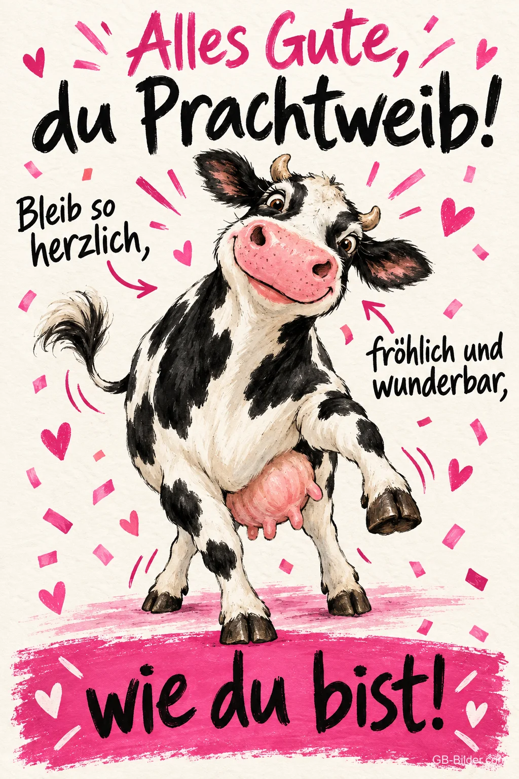 Gefleckte Kuh tanzt fröhlich zwischen rosa Herzen, Text: Alles Gute, du Prachtweib! Bleib so herzlich, fröhlich und wunderbar, wie du bist!