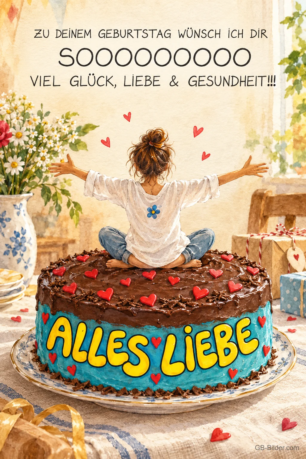 Frau auf einer großen Torte, Text: Zu deinem Geburtstag wünsch ich dir soooooooooo viel Glück, Liebe & Ge