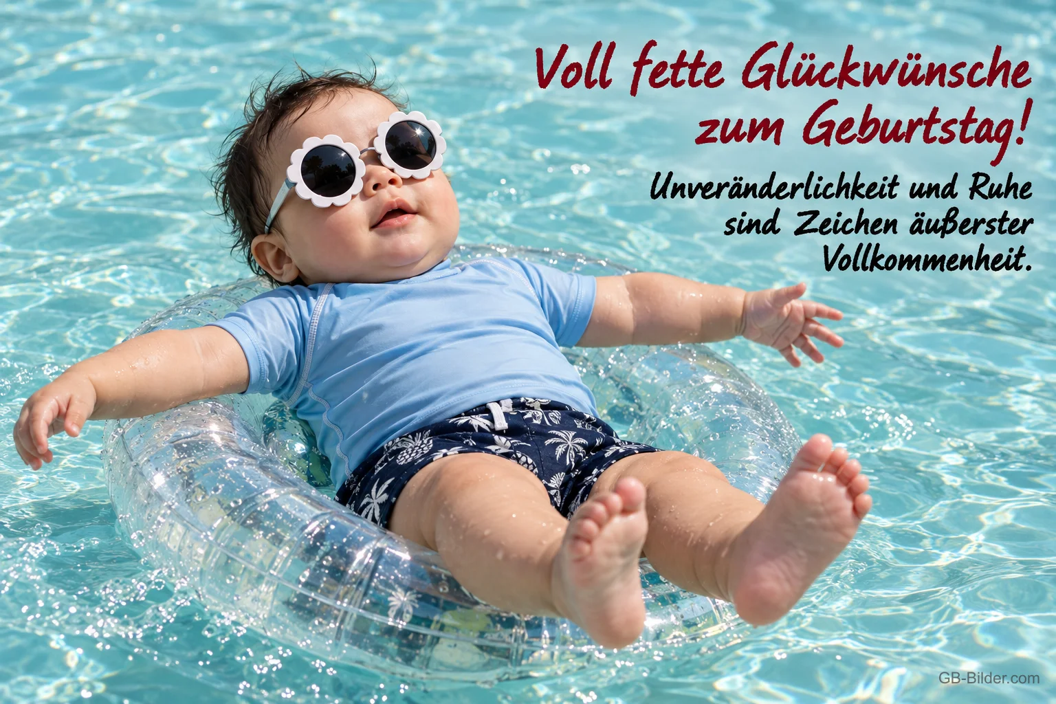 Baby mit Sonnenbrille treibt im Schwimmring im Pool, Text: Voll fette Glückwünsche zum Geburtstag! Unveränderlichkeit und Ruhe sind Zeichen äußerster Vollkommenheit.