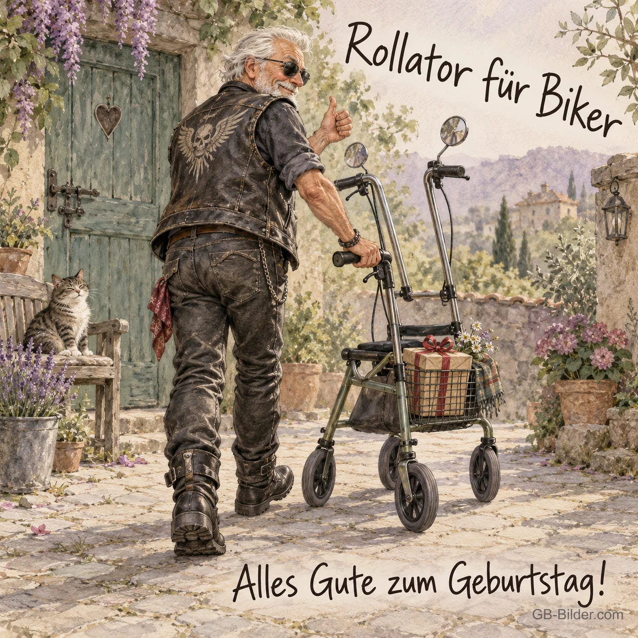 Biker mit Rollator, lustiger Geburtstagsgruß, Text: Rollator für Biker