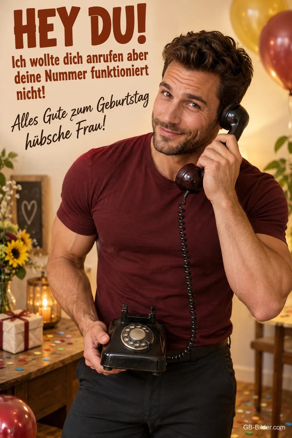 Mann im roten T-Shirt telefoniert schmunzelnd mit einem alten Telefon, Text: HEY DU! Ich wollte dich anrufen aber deine Nummer funktioniert nicht! Alles Gute zum Geburtstag hübsche Frau!