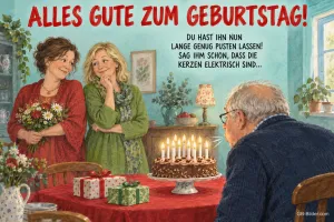 Mann pustet Kerzen aus, lustiger Geburtstagsspruch, Text: Alles Gute zum Geburtstag