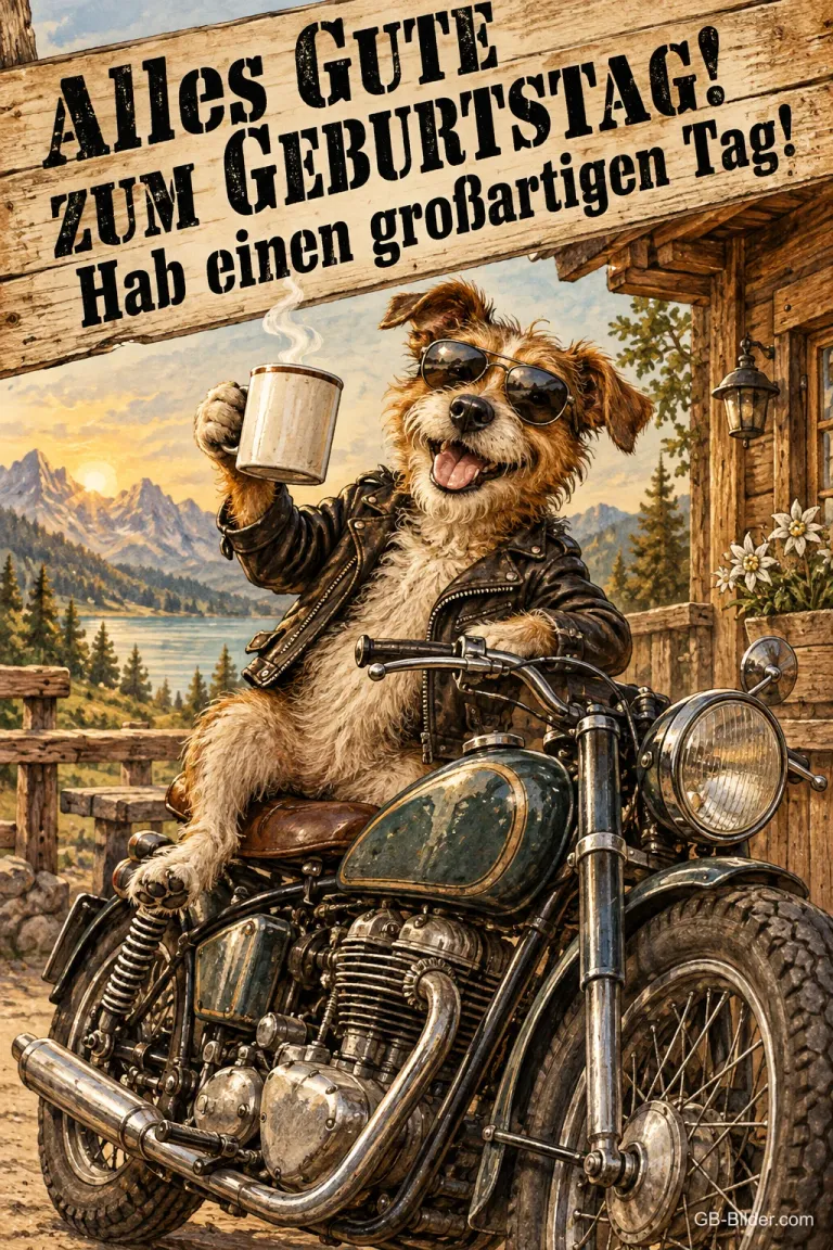 Hund mit Sonnenbrille und Lederjacke prostet mit Kaffeebecher vom Motorrad, Text: Alles Gute zum Geburtstag! Hab einen großartigen Tag!