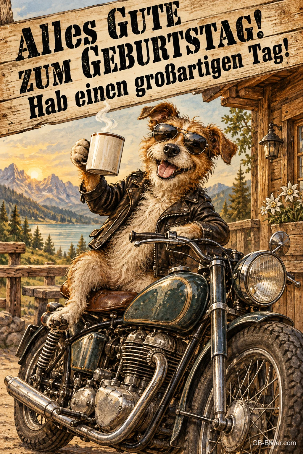 Hund mit Sonnenbrille und Lederjacke prostet mit Kaffeebecher vom Motorrad, Text: Alles Gute zum Geburtstag! Hab einen großartigen Tag!